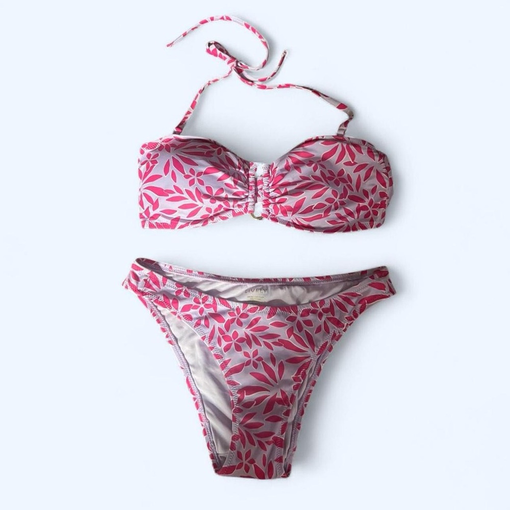 pink and purple palm print bikini set